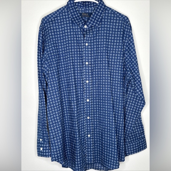 Polo Ralph Lauren Shirt Mens XL Blue Long Sleeve Cotton Geometric Medallion Prnt - Picture 1 of 8